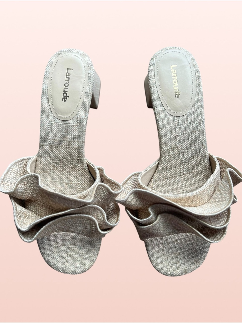 Larroude Beige Ruffle Slide Sandals